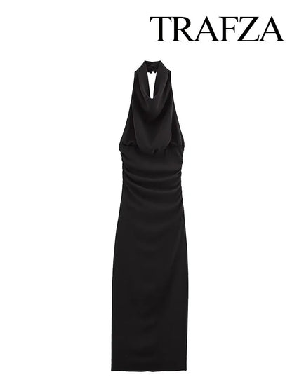 🍒Style sleeveless dresses solid backless halter Fold Decorate Button zipper Female Summer Slim Long Dress 3 Color