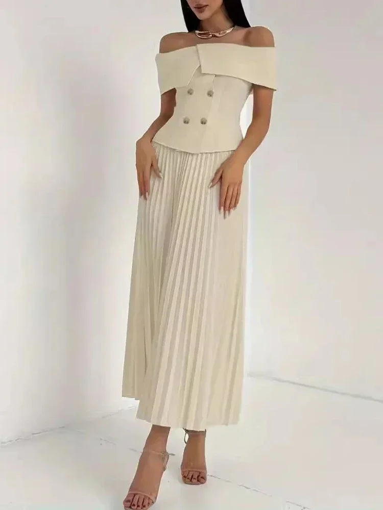 🍒Modieuse tweedelige uitrustings met lang geplooide rompe, maxi-mode en skouerlose toppies pas stelle neutrale klere vir vroue, partytjie-formele drag, partytjiegeleentheidsdrag Verkoel met roomys
