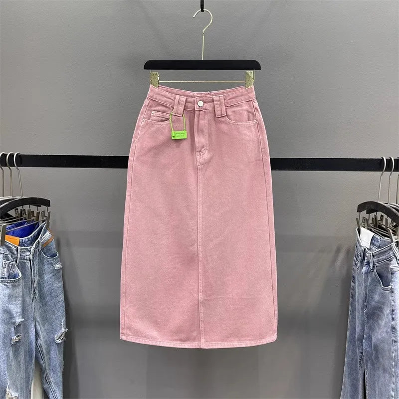 🍒High-waisted denim skirt pink colour a-line fashion skirt with back split midi fashion womens casual clothing denim wear       Pink Shade Of Blue Who Knew