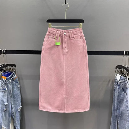 🍒High-waisted denim skirt pink colour a-line fashion skirt with back split midi fashion womens casual clothing denim wear       Pink Shade Of Blue Who Knew