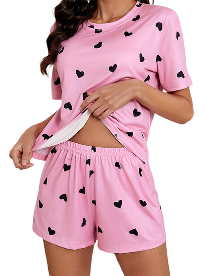 🍒女士爱心睡衣套装印花针织时尚心形印花上衣柔软短袖上衣和短裤睡衣套装，适合舒适家居服休闲服 轻松有趣