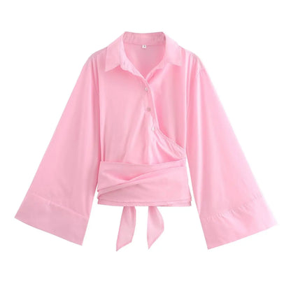 🍒Long sleeve shirt jacket women's tie top with wide sleeves female fashion clothing basic solid shirt smart casual blouse  Picture Yourself In This Pastel