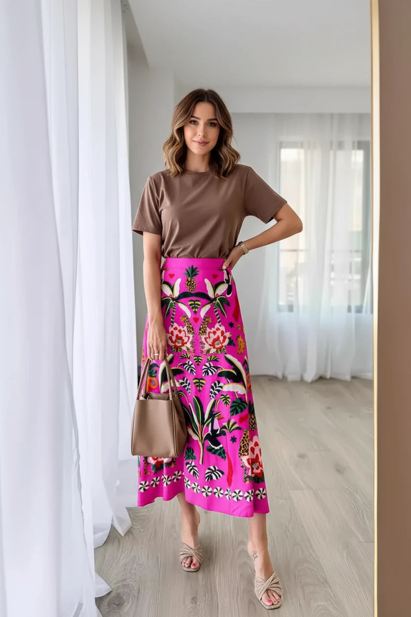 🍒Womens spring summer skirts floral midi vintage streetwear ladies elastic waist female fashion wear smart casual clothing Look Cool In Hot Pink
