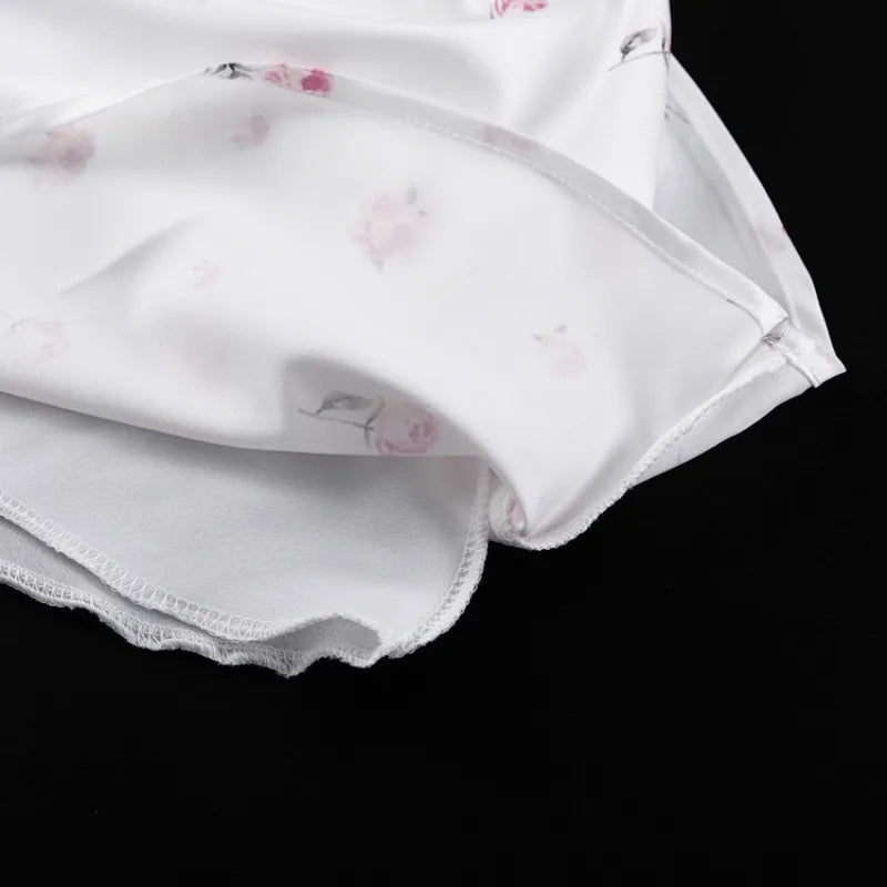 🍒Wit blomme satyn maxi rok vir vroue gemaklik of geleentheid trougas strandvakansie uitrusting blomme gedrukte V-nek rok vroue mode skraal pasmiddellyf kort vlindermou lang somerdrag met kort moue hoë middellyf oulike gemaklike geleentheid
