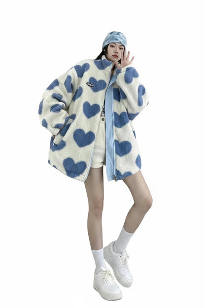 🍒Fashion Stand-up Collar OutwearFaux lambswool fur jacket women's warm coat autumn winter outerwear for women heart print stand collar coat Ya Hearts Printed On This