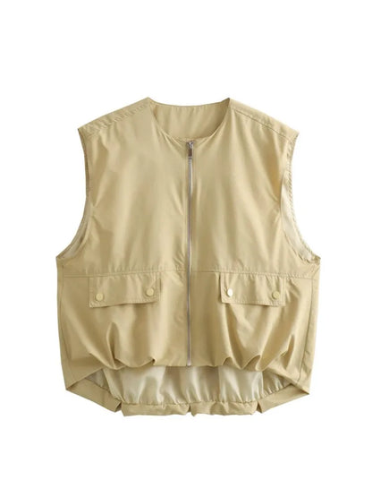 🍒Cargo style vest oversized light jacket o neck spring zipper pocket waistcoat female fashion crop top Y2K casual clothes Spring To This Zipper