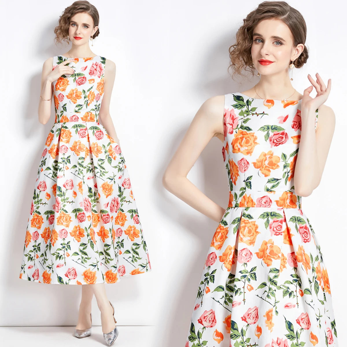 🍒Designer fashion dress floral print clothing vintage a line party wear outfit for women birthday dinner retro runway occasion wear  make ARRANGEMENTs for these FLOWERs