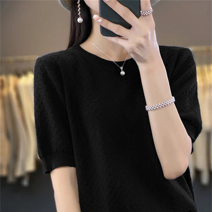 🍒Vroue se tekstuur-T-hemp somer katoen tops kortmou effekleur tee ronde hals los bloes gemaklike kledingstuk