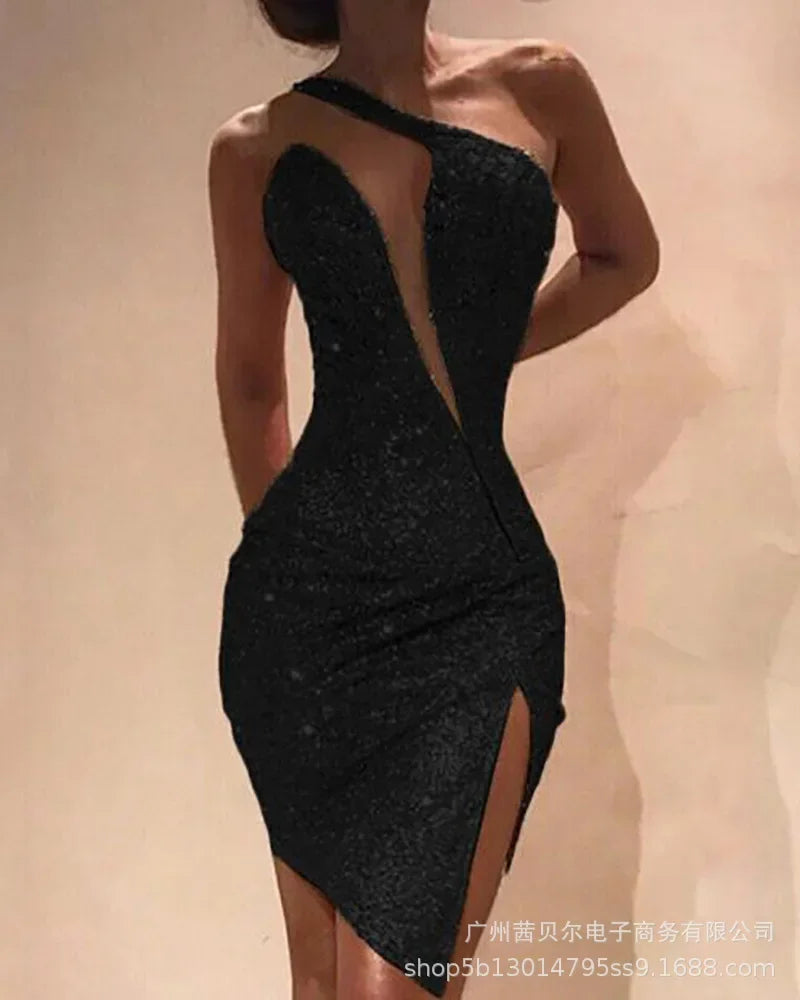 🍒One shoulder dress with slit in front women bodycon sleeveless high waist bodycon backless mini outfit golden backless occasion party fashion Get An Angle On Gold Fashion