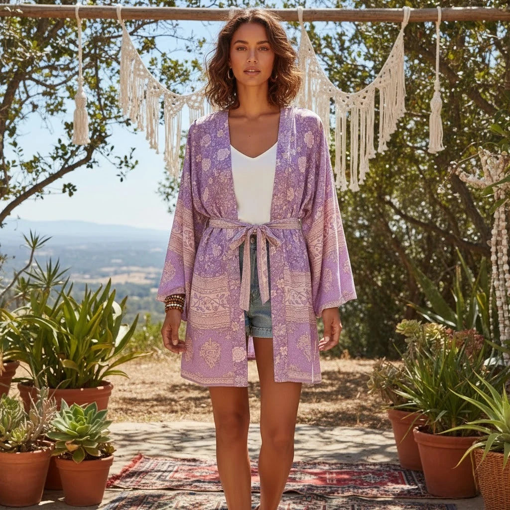 🍒Beach coverups wild floral print short light kimono jacket batwing duster bohemian ladies v-neck rayon short bikini swimwear cover over vacation wear holiday clothing casual wear  Colourful Comfort