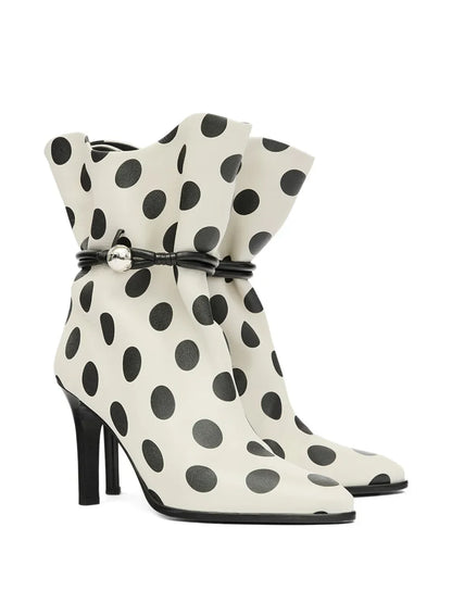 🍒Women's polka dot ankle boot white black pattern booties with ruffle top buckle decor pointed toe stiletto high heel fashion short boots  On The Spot Fine