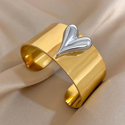 🍒Stainless steel wide bracelet women's bangle with heart gold matching ring available silver colour bracelet waterproof teen gift 316 quality fashion Jewellery smart casual Your Heart is Beating For A Love Bangle