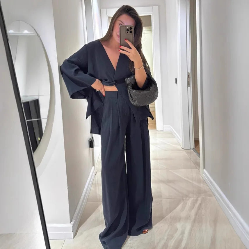 🍒Informele broekpak vir vroue, elegante langmou-uitrusting, enkelkleur wyebeenbroek en baadjie-stel, lente somer mode los tweestuk-partytjie-pajamas