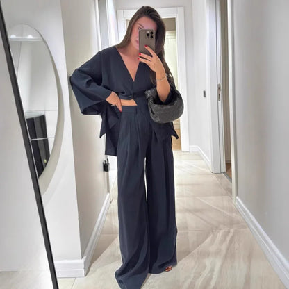 🍒Informele broekpak vir vroue, elegante langmou-uitrusting, enkelkleur wyebeenbroek en baadjie-stel, lente somer mode los tweestuk-partytjie-pajamas