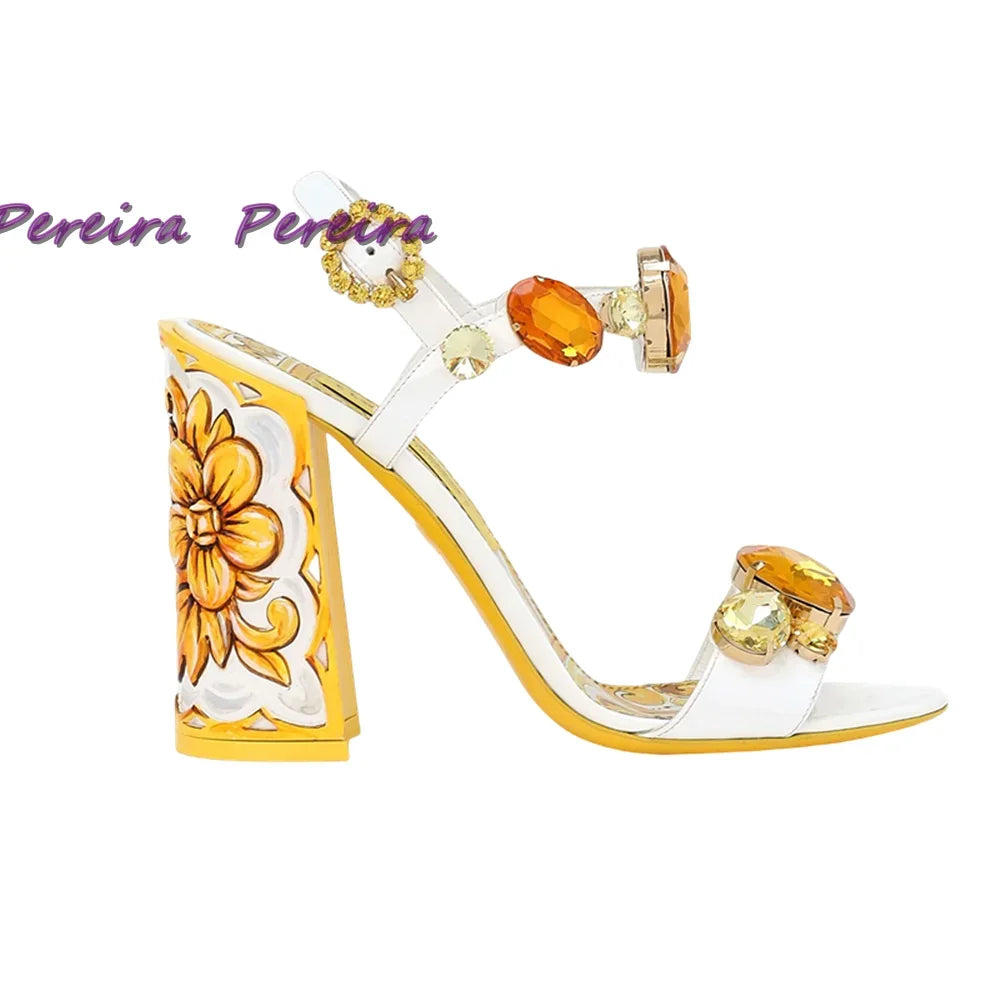 🍒Womens gem stone sandals classic colourful heels crystal open toe shoe chunky heel buckle strap high heels flower shoes designer footwear for women dress party shoes Gem Of A Shoe