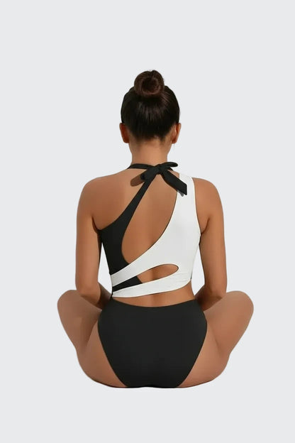 🍒Eenstuk-swemdrag kleurblok-botsing enkel skouer badpak bandjie-ontwerp hoë elastiese ruglose swemdrag tipe Europese styl swemkostuum met vasmaakbandjies SHOREly CHIC