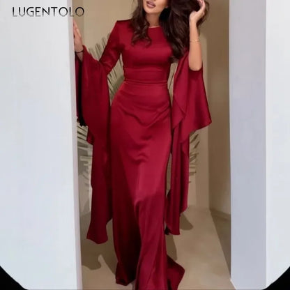 🍒鸡尾酒会礼服大摆钟形袖造型高腰宴会服纯色长款礼服派对装，在您的钟声中成为全场焦点