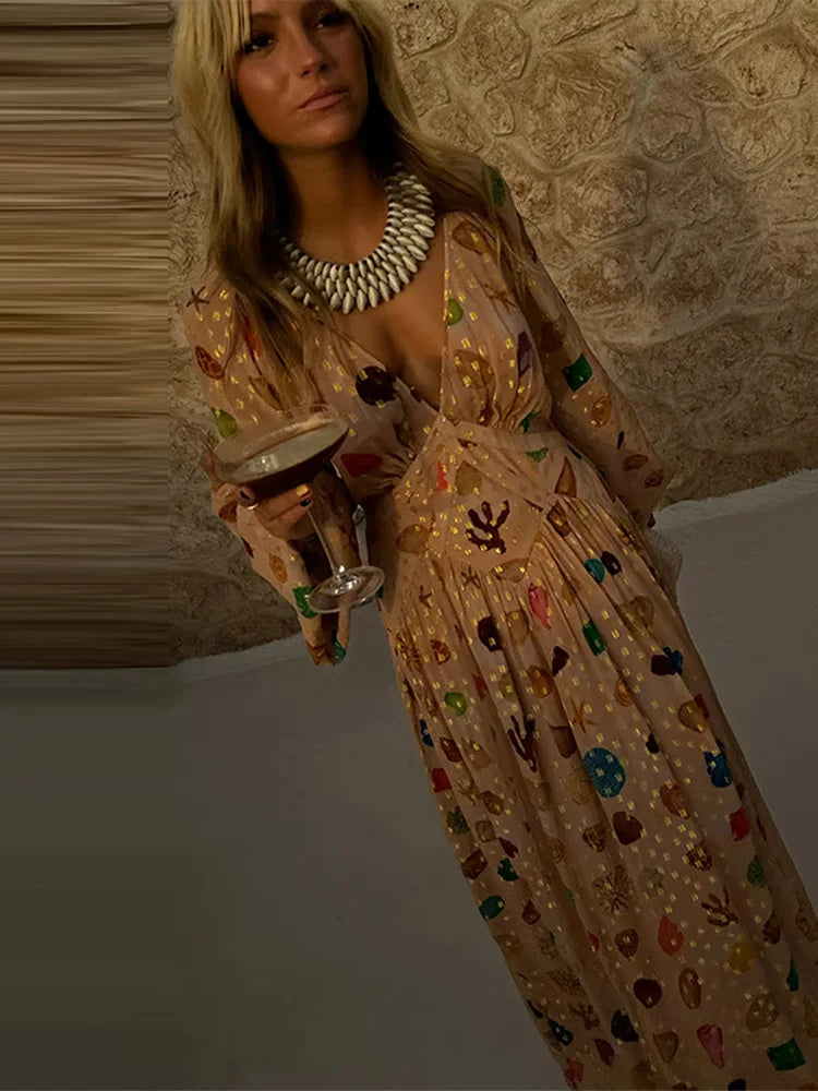 🍒Maasrok vir vroue met V-nek, langmou, drapeer-maxi-uitrusting, boho somerpartytjieklere, geleentheidrokke Hierdie diamant Is Goud