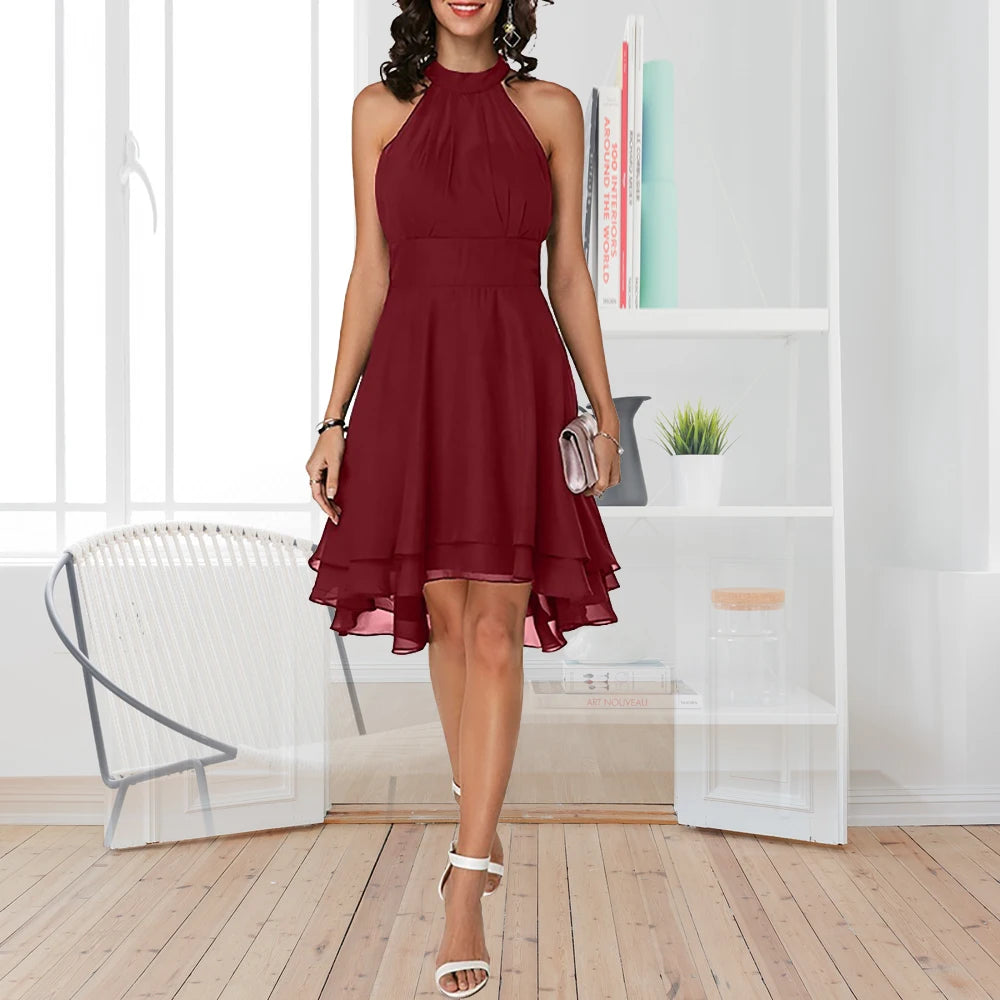 🍒Elegant summer dresses solid high waist halter sleeveless midi ladies high low outfit layered chiffon occasion party wear No Need To Look High And Low For This High Low