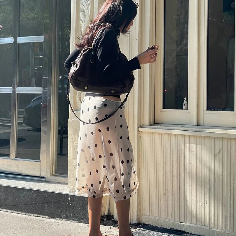 🍒Polka dot hoë middellyf romp dames chiffon kant romp oor knieë mode kantoor dame elegant a-lyn somerdrag Geen Polka-pret by hierdie Prettige Polka nie
