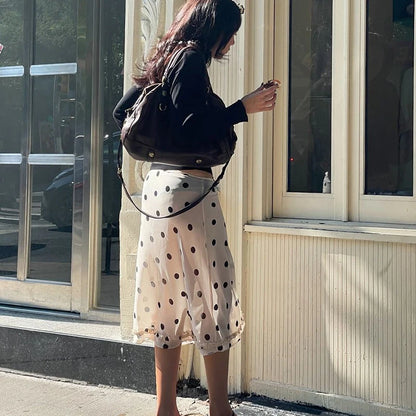 🍒Polka dot hoë middellyf romp dames chiffon kant romp oor knieë mode kantoor dame elegant a-lyn somerdrag Geen Polka-pret by hierdie Prettige Polka nie