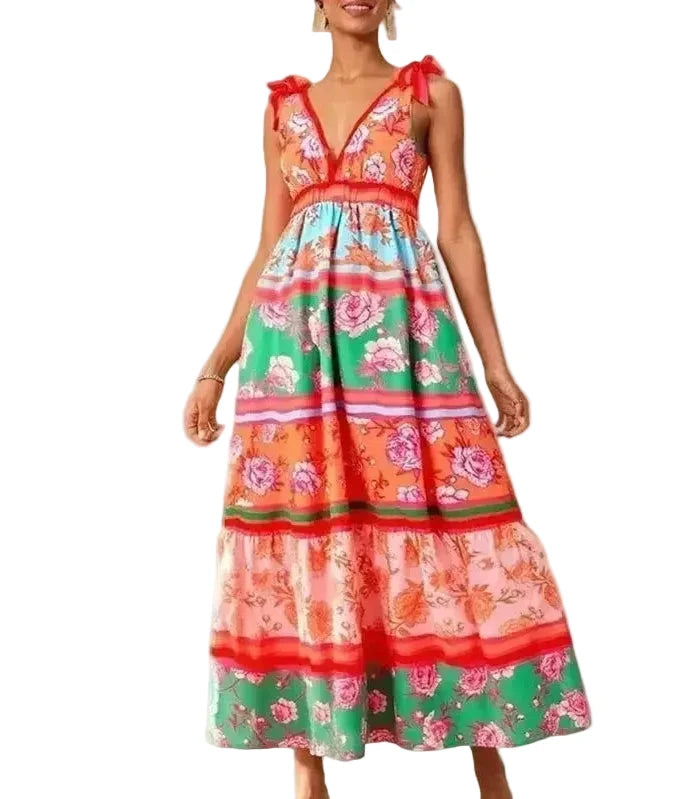 🍒Print moulose uitrusting swaairok v-nek vroue maxi hoë middellyf mode vakansies somerdrag stranddrag Shore Thang