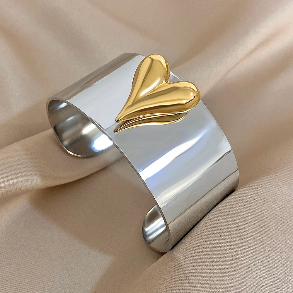 🍒Stainless steel wide bracelet women's bangle with heart gold matching ring available silver colour bracelet waterproof teen gift 316 quality fashion Jewellery smart casual Your Heart is Beating For A Love Bangle