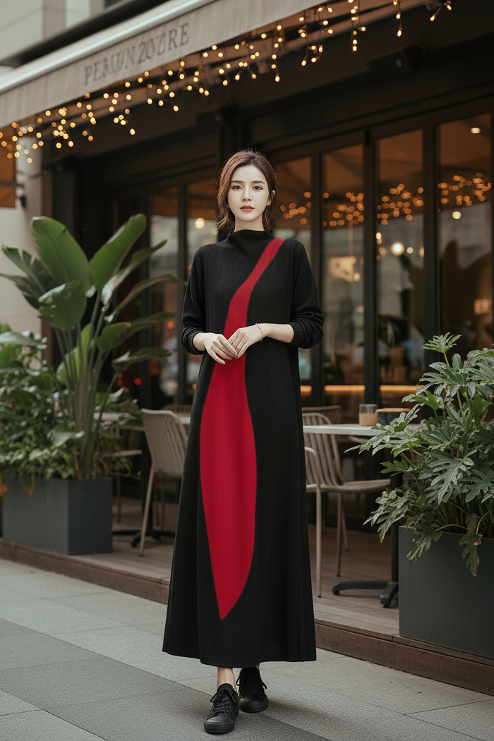 🍒Long sleeve maxi dress red and black outfit long sleeve loose  women smart casual clothes with patchwork loose fit a-line occasion wear chic holiday wear oversize fashion  Black Out Boring Clothes And Get This Red