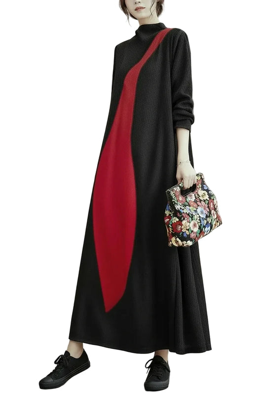 🍒Long sleeve maxi dress red and black outfit long sleeve loose  women smart casual clothes with patchwork loose fit a-line occasion wear chic holiday wear oversize fashion  Black Out Boring Clothes And Get This Red