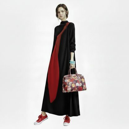 🍒Long sleeve maxi dress red and black outfit long sleeve loose  women smart casual clothes with patchwork loose fit a-line occasion wear chic holiday wear oversize fashion  Black Out Boring Clothes And Get This Red
