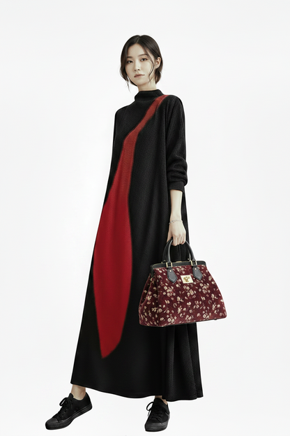 🍒Long sleeve maxi dress red and black outfit long sleeve loose  women smart casual clothes with patchwork loose fit a-line occasion wear chic holiday wear oversize fashion  Black Out Boring Clothes And Get This Red