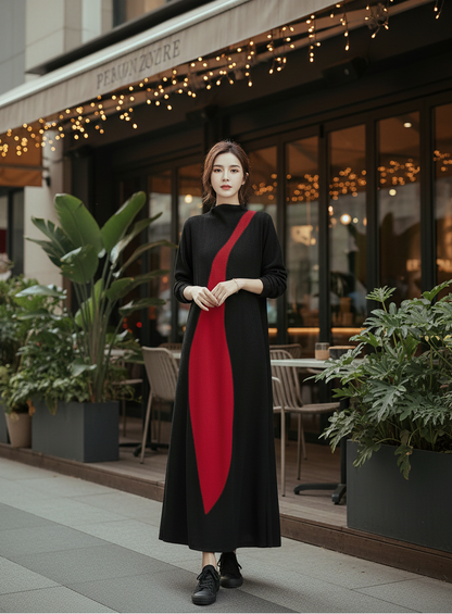 🍒Long sleeve maxi dress red and black outfit long sleeve loose  women smart casual clothes with patchwork loose fit a-line occasion wear chic holiday wear oversize fashion  Black Out Boring Clothes And Get This Red
