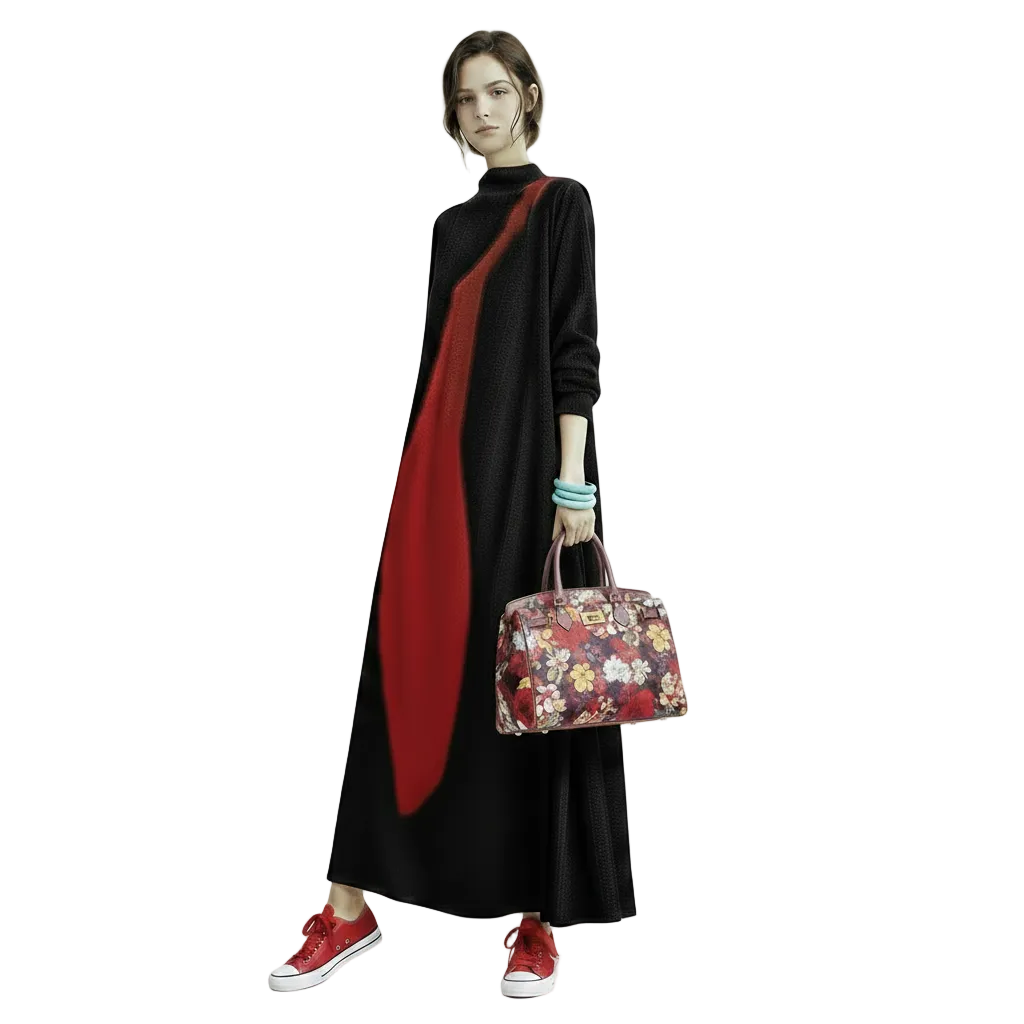 🍒Long sleeve maxi dress red and black outfit long sleeve loose  women smart casual clothes with patchwork loose fit a-line occasion wear chic holiday wear oversize fashion  Black Out Boring Clothes And Get This Red