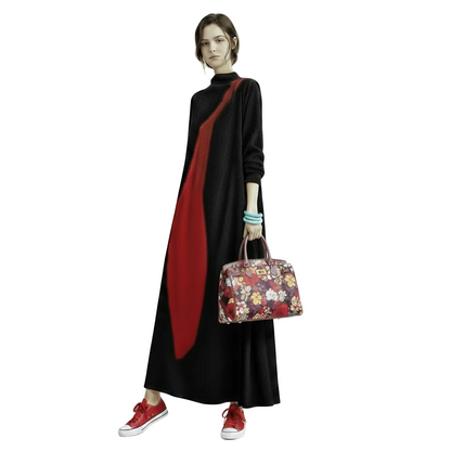 🍒Long sleeve maxi dress red and black outfit long sleeve loose  women smart casual clothes with patchwork loose fit a-line occasion wear chic holiday wear oversize fashion  Black Out Boring Clothes And Get This Red