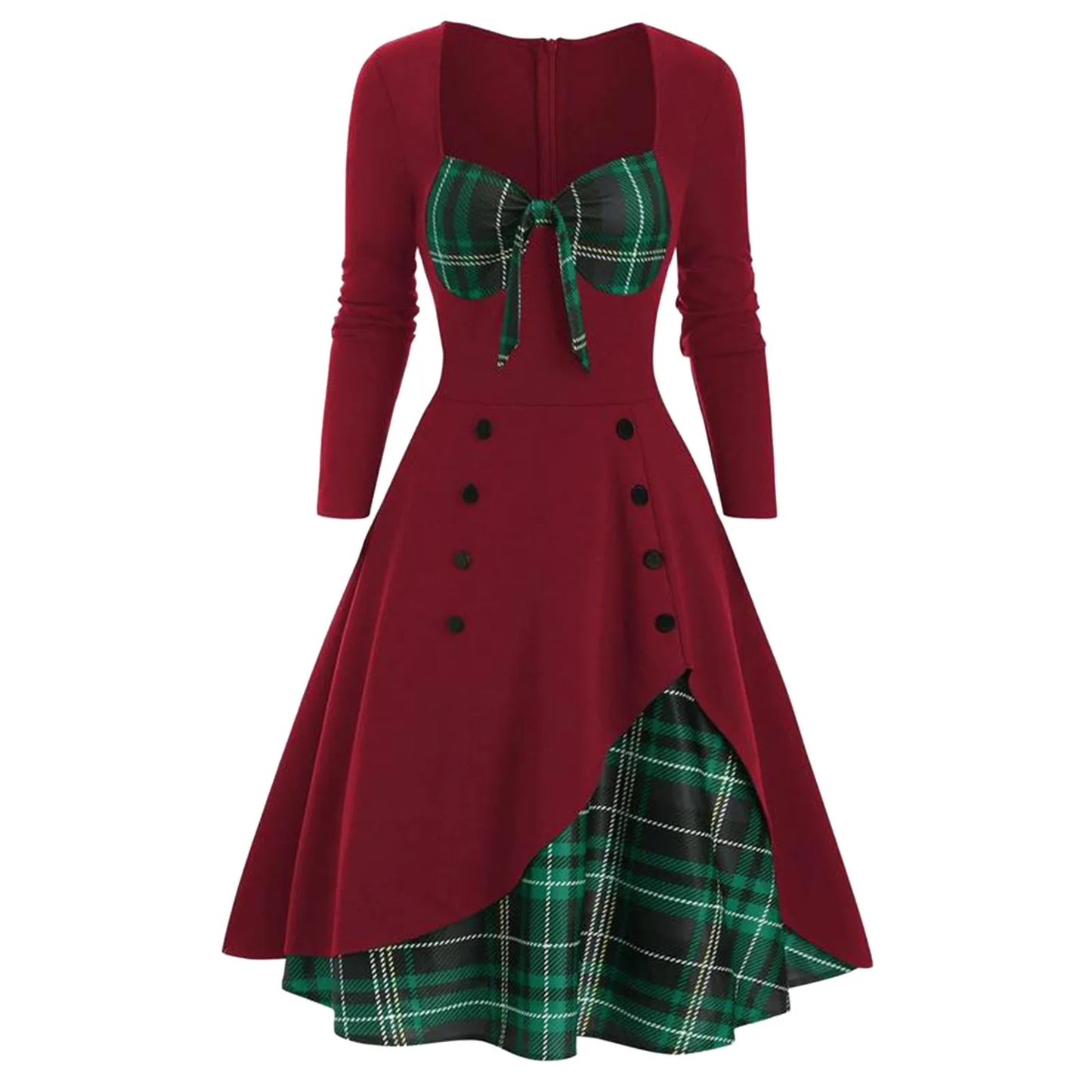 🍒chequered patchwork dress plaid long sleeve a-line midi wrapped Knot Irregular outfit high waist vintage style button down smart casual wear women Check Mate