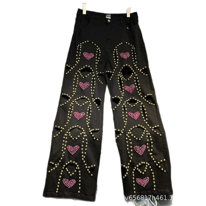 🍒Red diamond jeans embellished hollow heart Jeans for women loose wide leg denim trousers cool pants with rivets wHOLE HEARTedly made for you
