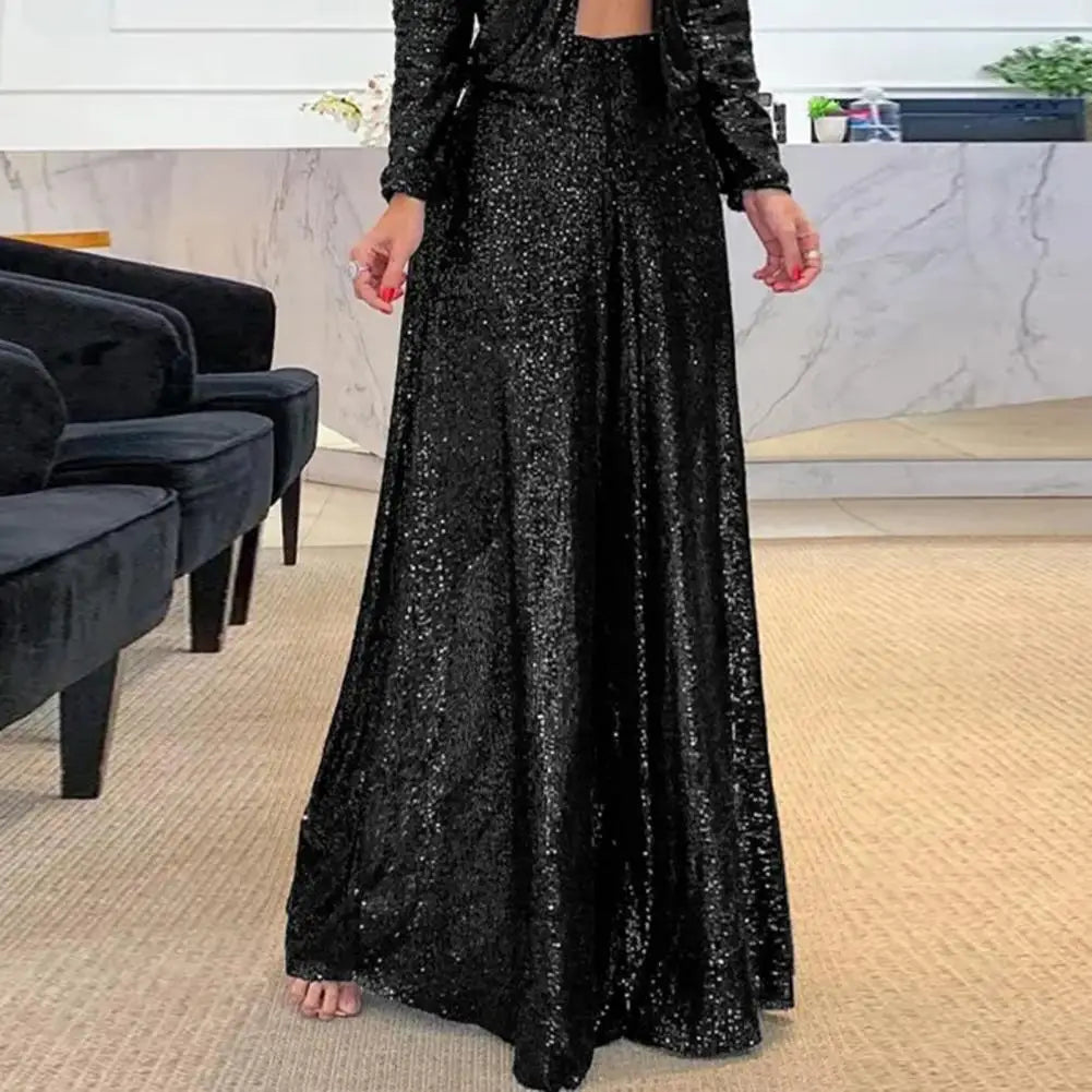 🍒High waist elastic wide leg  pants full length womens pants for night club with sequins Loose occasion party weat They Will Take A ComPLETEly WIDE Birth To Appreciate This