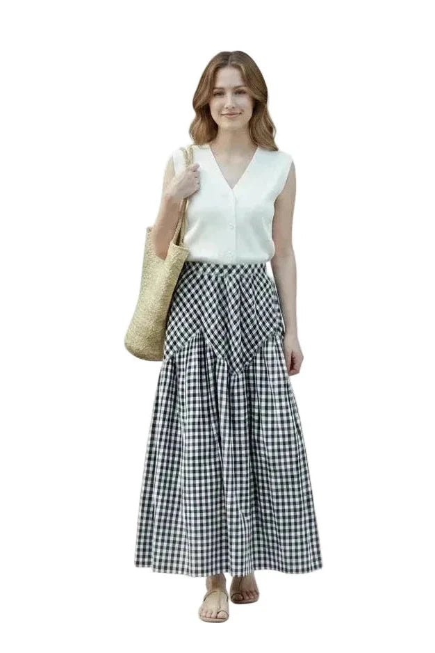 🍒Checkered a-line skirt high waisted tiered maxi skirt outfit all match loose pleated midaxi outfits for women fashion wear female casual wears  Chic Check