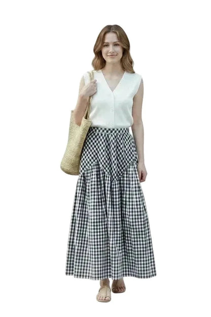🍒Checkered a-line skirt high waisted tiered maxi skirt outfit all match loose pleated midaxi outfits for women fashion wear female casual wears  Chic Check