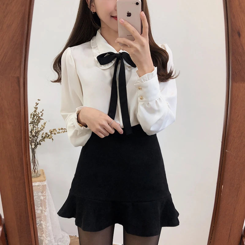 🍒Blouses with bows cute preppy style clothes women solid shirts  with ties formal work office wear essential summer clothing Pretty Up In Cute Bows