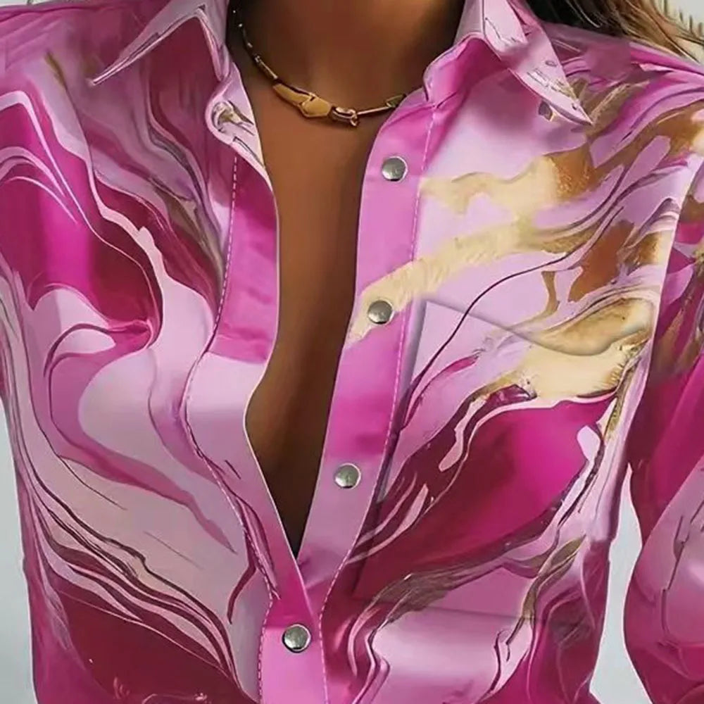 🍒Office blouses for women smart casual spring autumn fashion female business casual fashion colourful print clothing elegant loose long sleeve button shirt Look Marvelous Marble