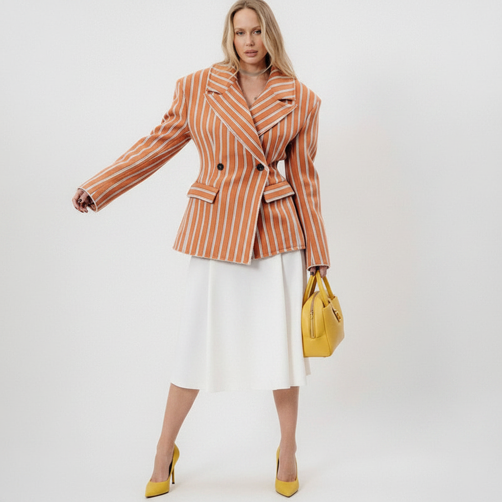 🍒Gestreepte baadjie, volmou-baadjie vir dames met gekerfde lapelkraag, dubbelbors lentejas, mode drag, kantoorklere   Look Sjokolade In Oranje