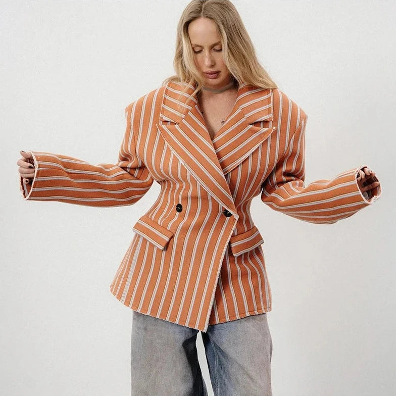 🍒Gestreepte baadjie, volmou-baadjie vir dames met gekerfde lapelkraag, dubbelbors lentejas, mode drag, kantoorklere   Look Sjokolade In Oranje
