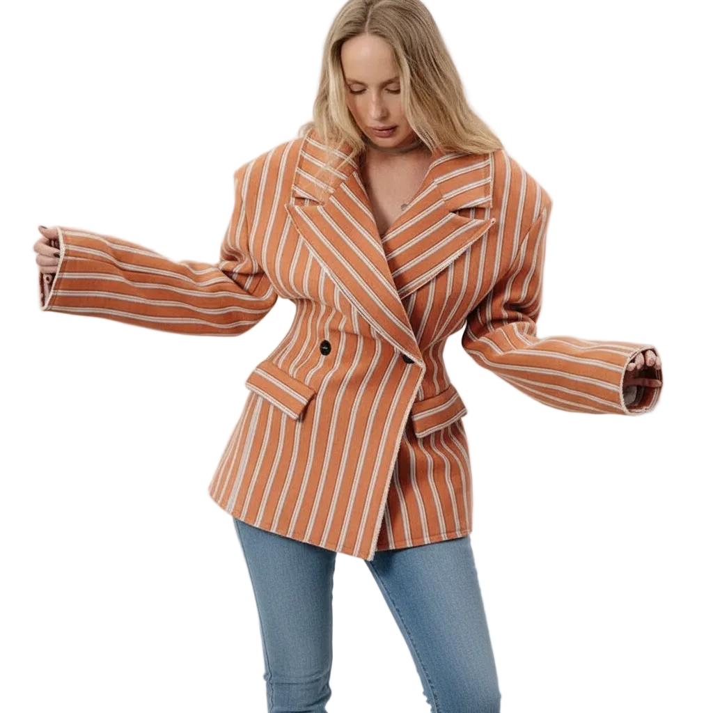 🍒Gestreepte baadjie, volmou-baadjie vir dames met gekerfde lapelkraag, dubbelbors lentejas, mode drag, kantoorklere   Look Sjokolade In Oranje