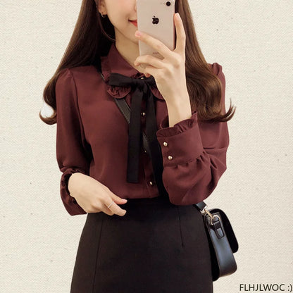 🍒Blouses with bows cute preppy style clothes women solid shirts  with ties formal work office wear essential summer clothing Pretty Up In Cute Bows
