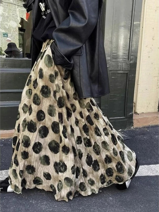 🍒现货高腰长裙假日沙滩装女装时尚A字印花扎染风智能休闲夏季服饰宽大斑点半身裙