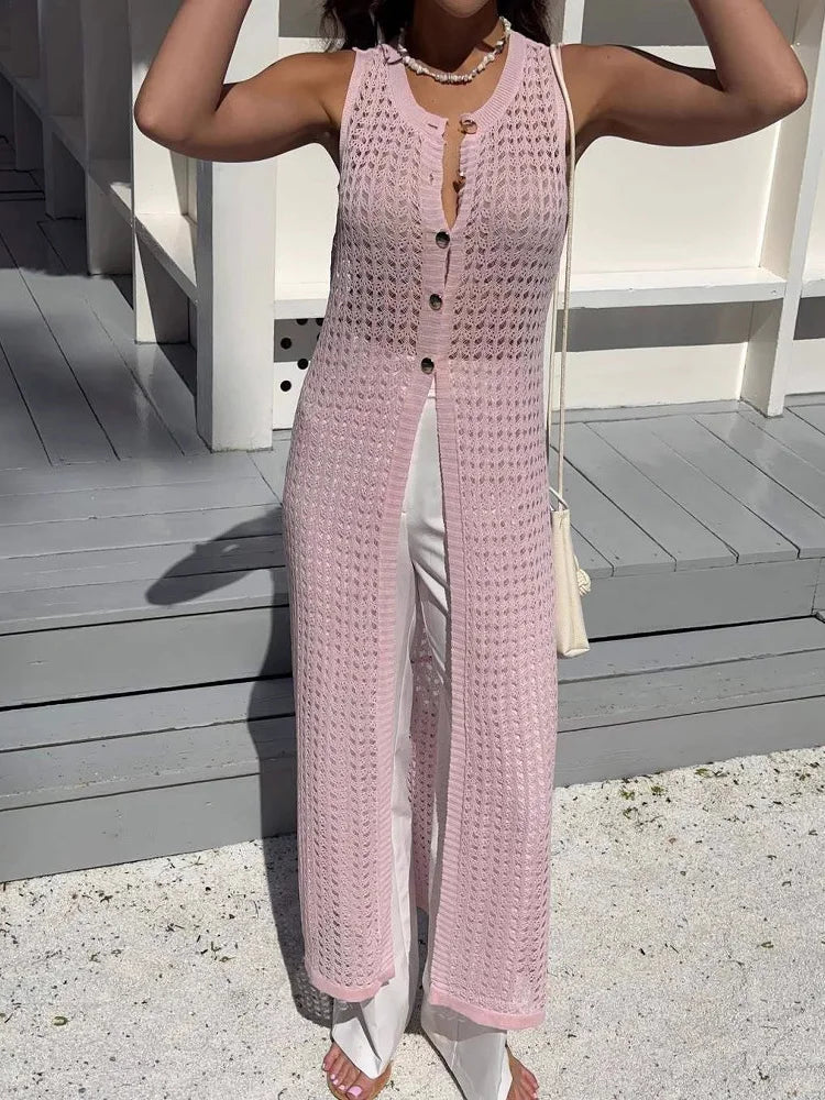 🍒Knit dress set womens summer wear mesh long cardigan cover up dress plus knitted high waist pants 2 piece set casual wear beach wear Cheerful Chalks