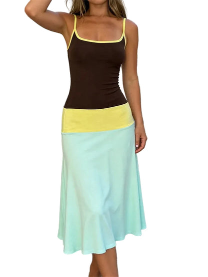 🍒Spaghetti strap tank dress short contrast colour dress for women fashion outfit sleeveless a-line vacation clothing beachwear holiday clothing casual summer wear Get CHOCO BLOCK compliments with this COLOUR dress