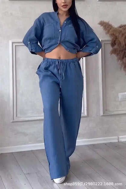 🍒two piece sets casual long sleeve womens shirt with pockets and fashion loose wide leg pants outfit smart casual clothes         Ba-sick