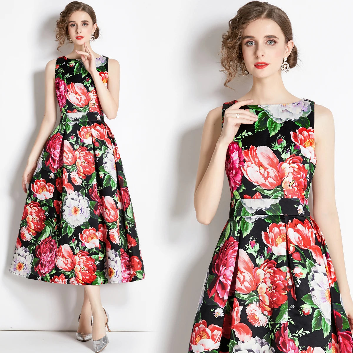 🍒Designer fashion dress floral print clothing vintage a line party wear outfit for women birthday dinner retro runway occasion wear  make ARRANGEMENTs for these FLOWERs
